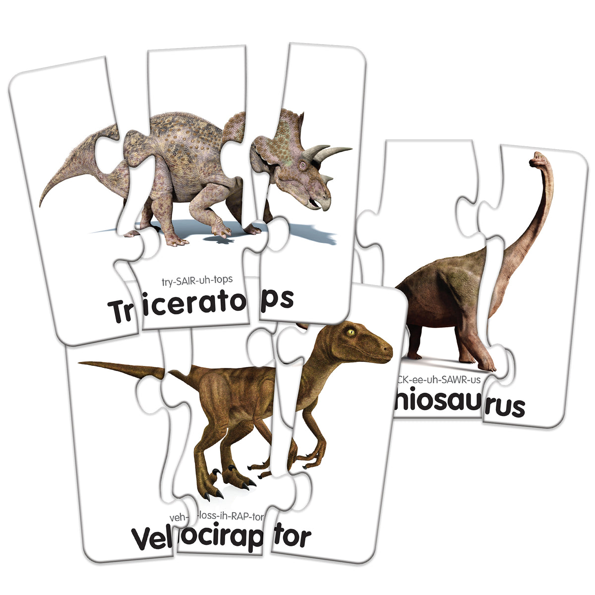Head To Tail Dinos Match It puzzle set showing Triceratops, Brachiosaurus, and Velociraptor matching cards
