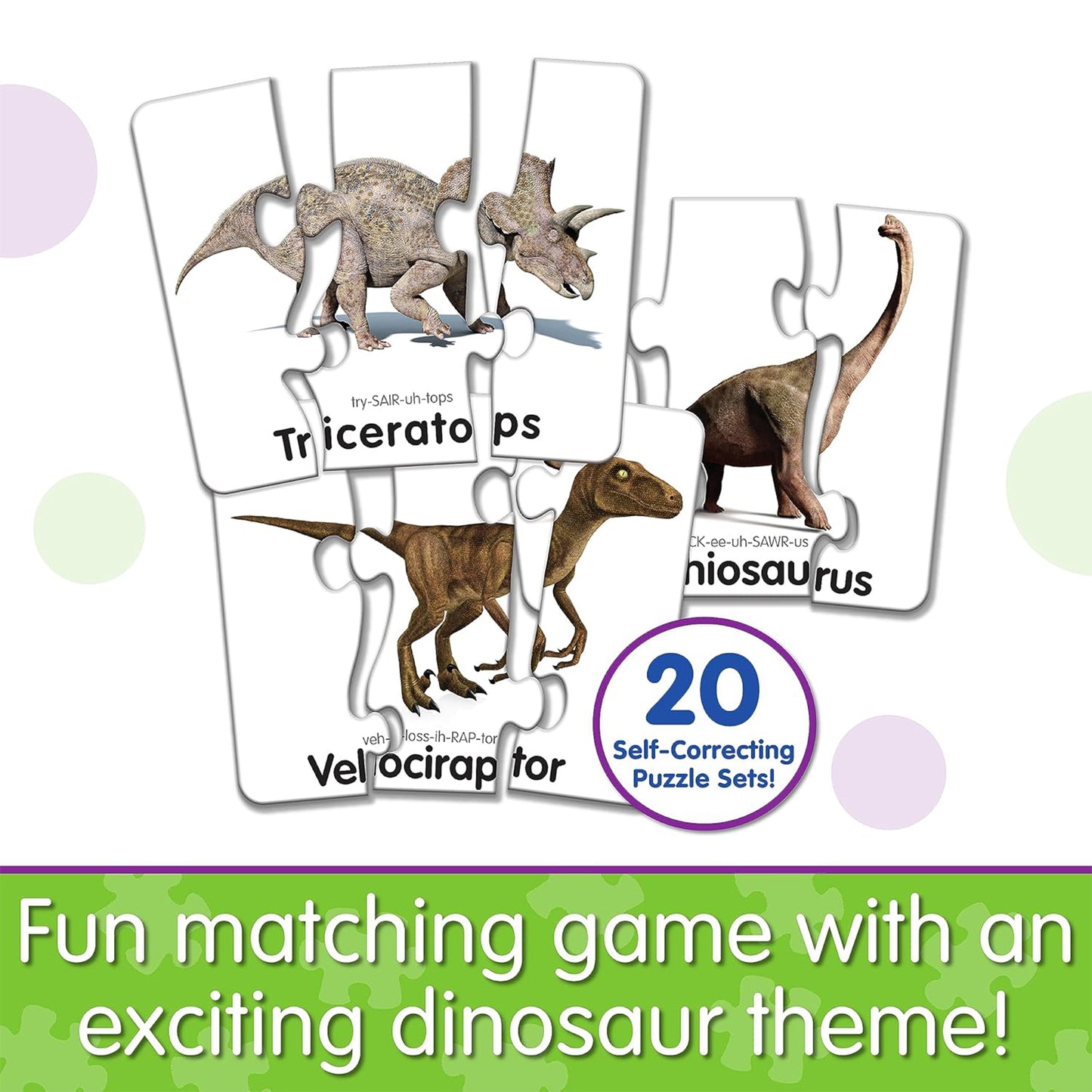 Head To Tail Dinos Match It 20-Card Dinosaur Puzzle Set with self-correcting puzzle cards featuring Triceratops, Velo...