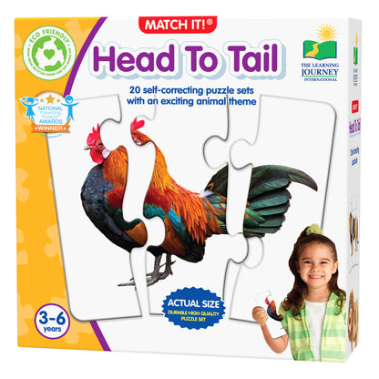 Match It Head to Tail animal puzzle set with colorful rooster card, self-correcting puzzles for ages 3-6