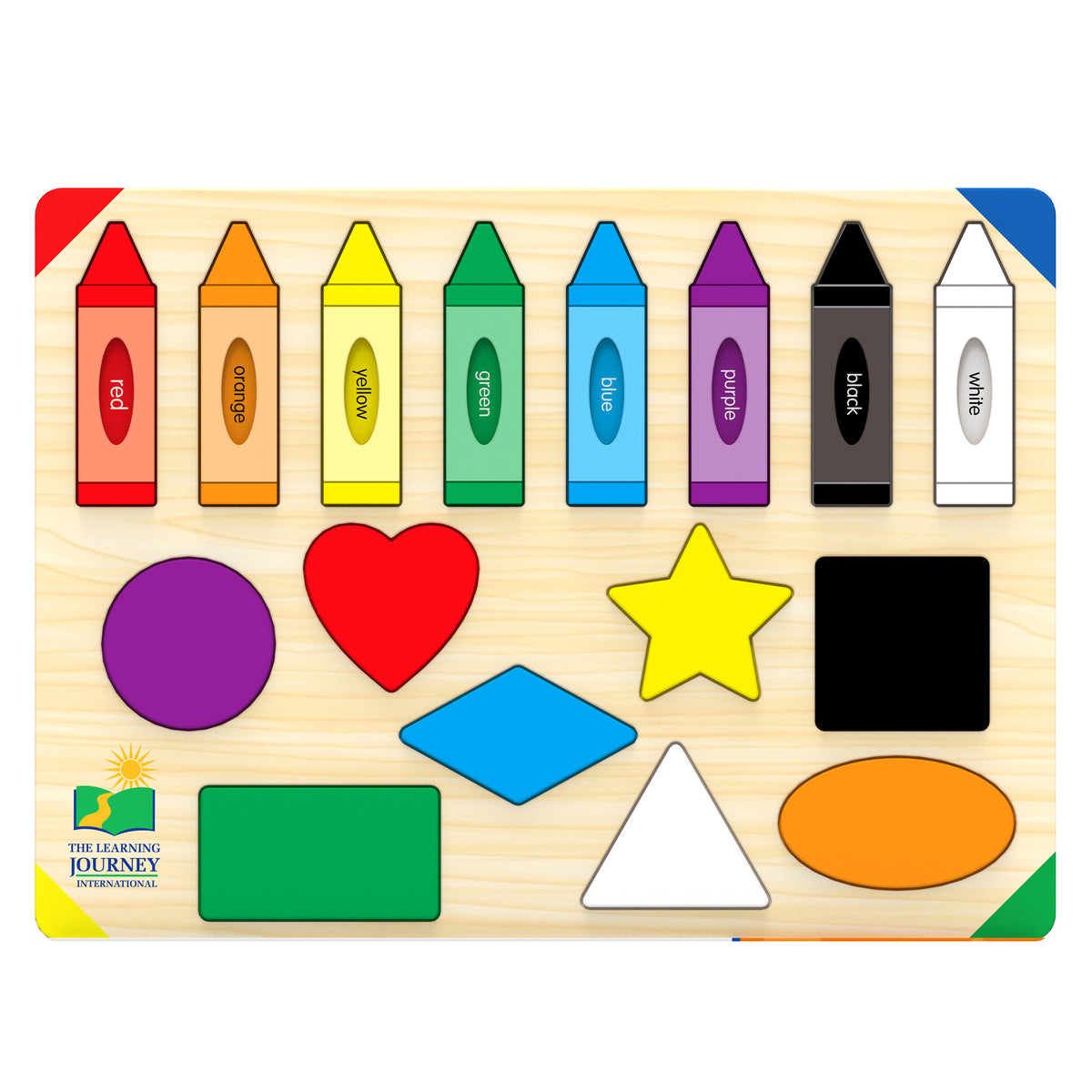The Learning Journey Lift & Learn Colors & Shapes Puzzle with colorful crayons, shapes, and interactive pieces