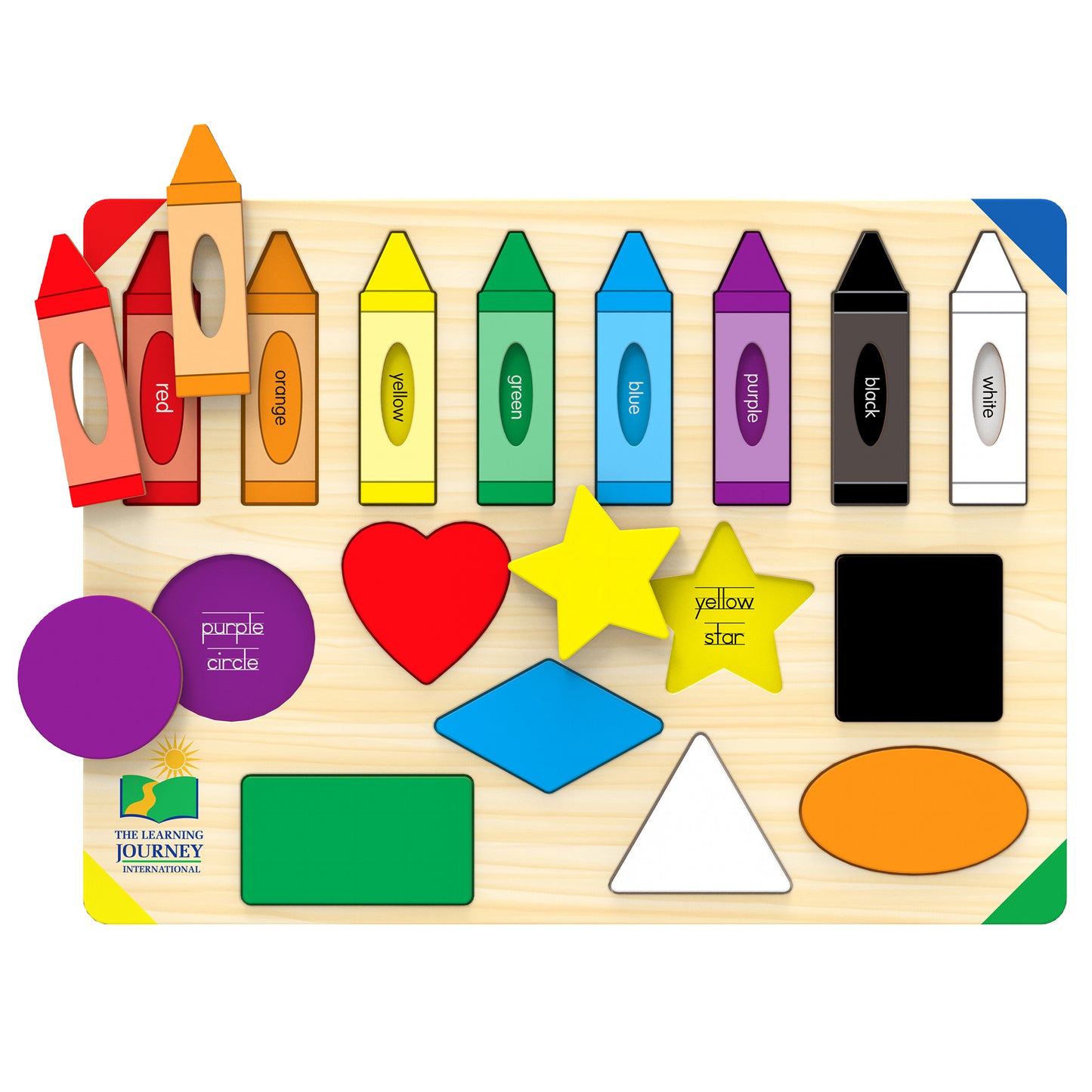 The Learning Journey Lift & Learn Colors & Shapes Puzzle with colorful crayon pieces, shapes, and labeled color blocks