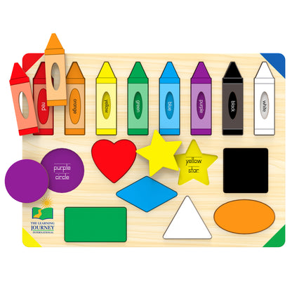 The Learning Journey Lift & Learn Colors & Shapes Puzzle with colorful crayon pieces, shapes, and labeled color blocks