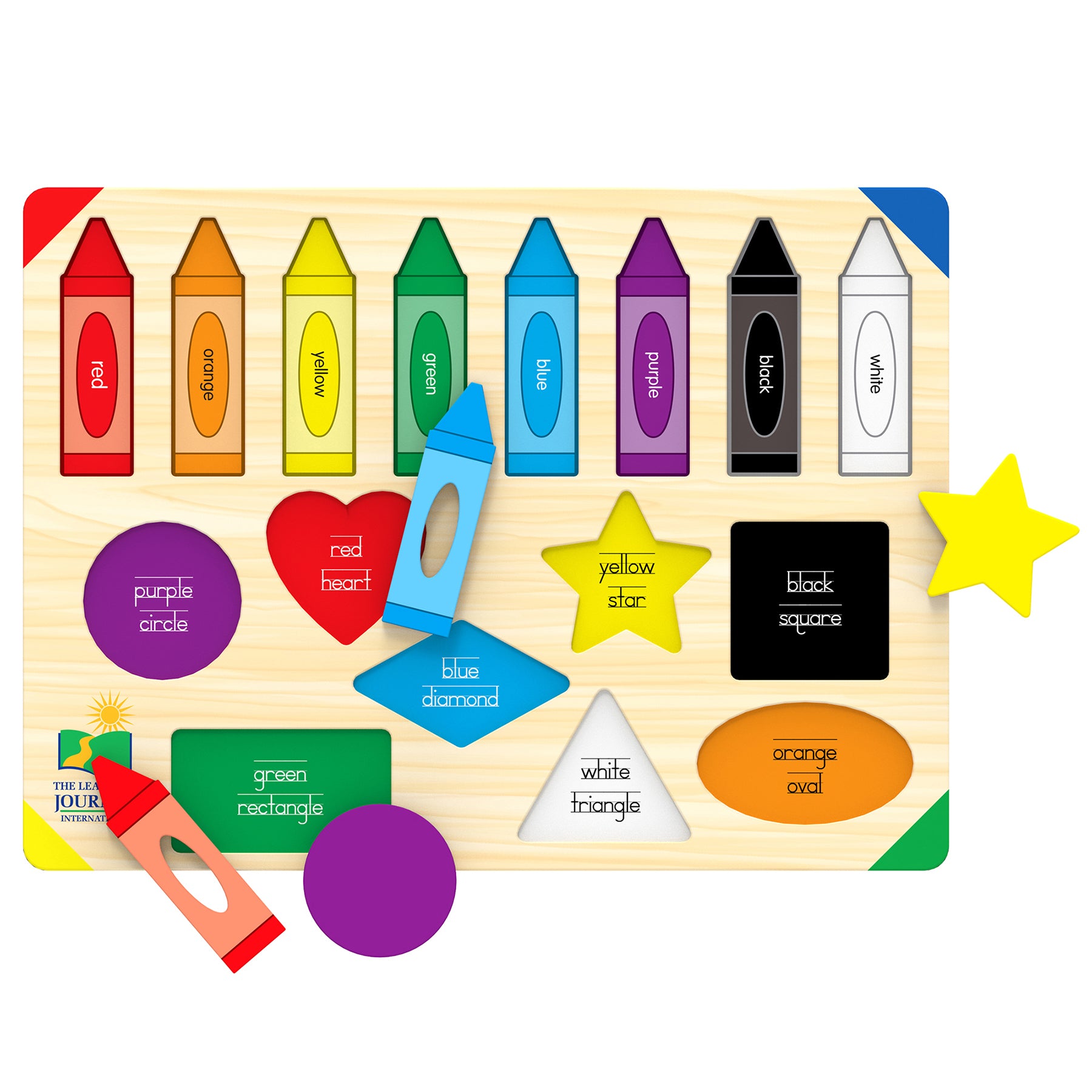 The Learning Journey Lift & Learn Colors & Shapes Puzzle with colorful crayons, shapes, and interactive pieces