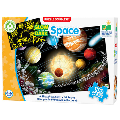 Puzzle Doubles Space 100-piece glow-in-the-dark solar system floor puzzle with colorful planets