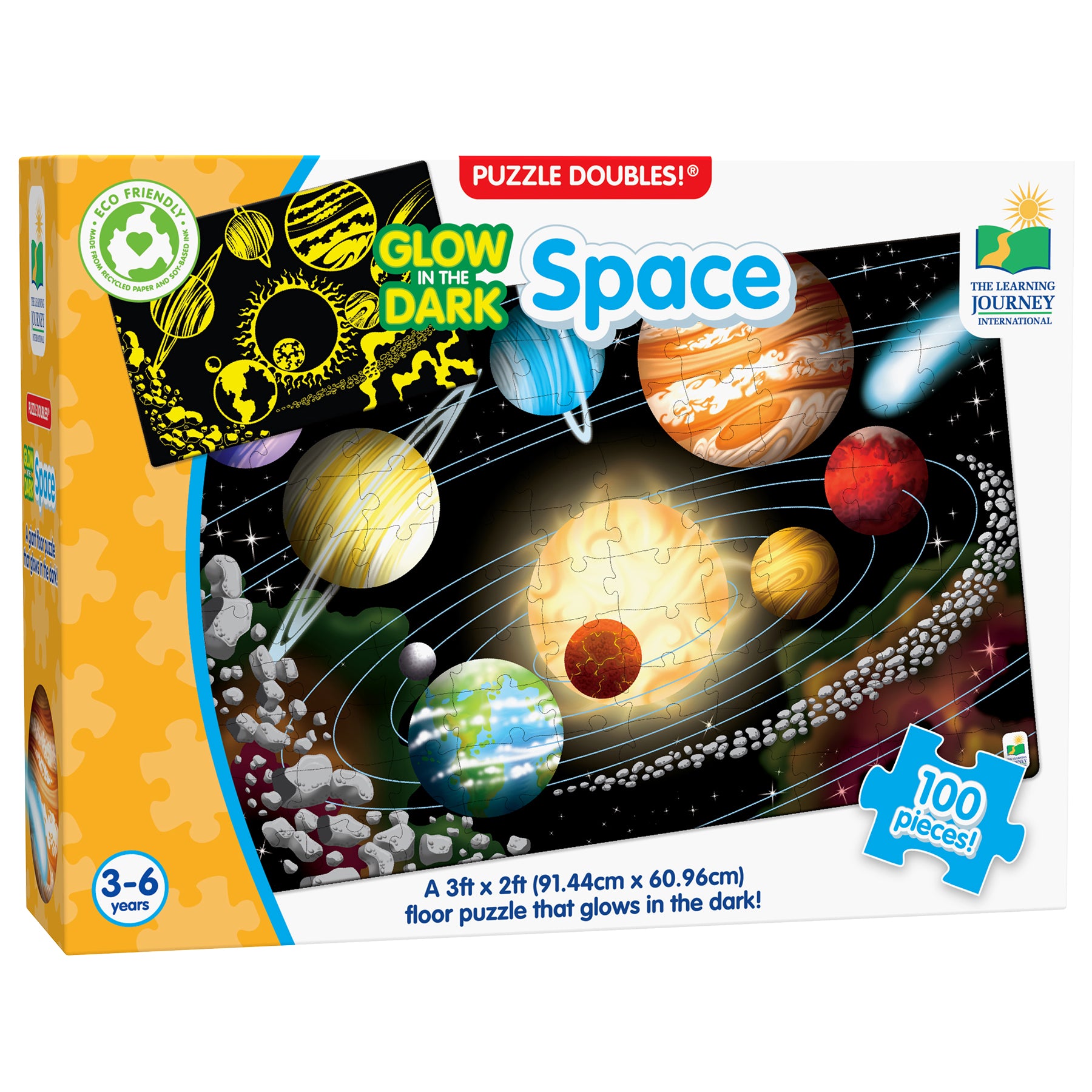 Glow in the Dark Space Puzzle Doubles 100-piece solar system floor puzzle with planets and stars