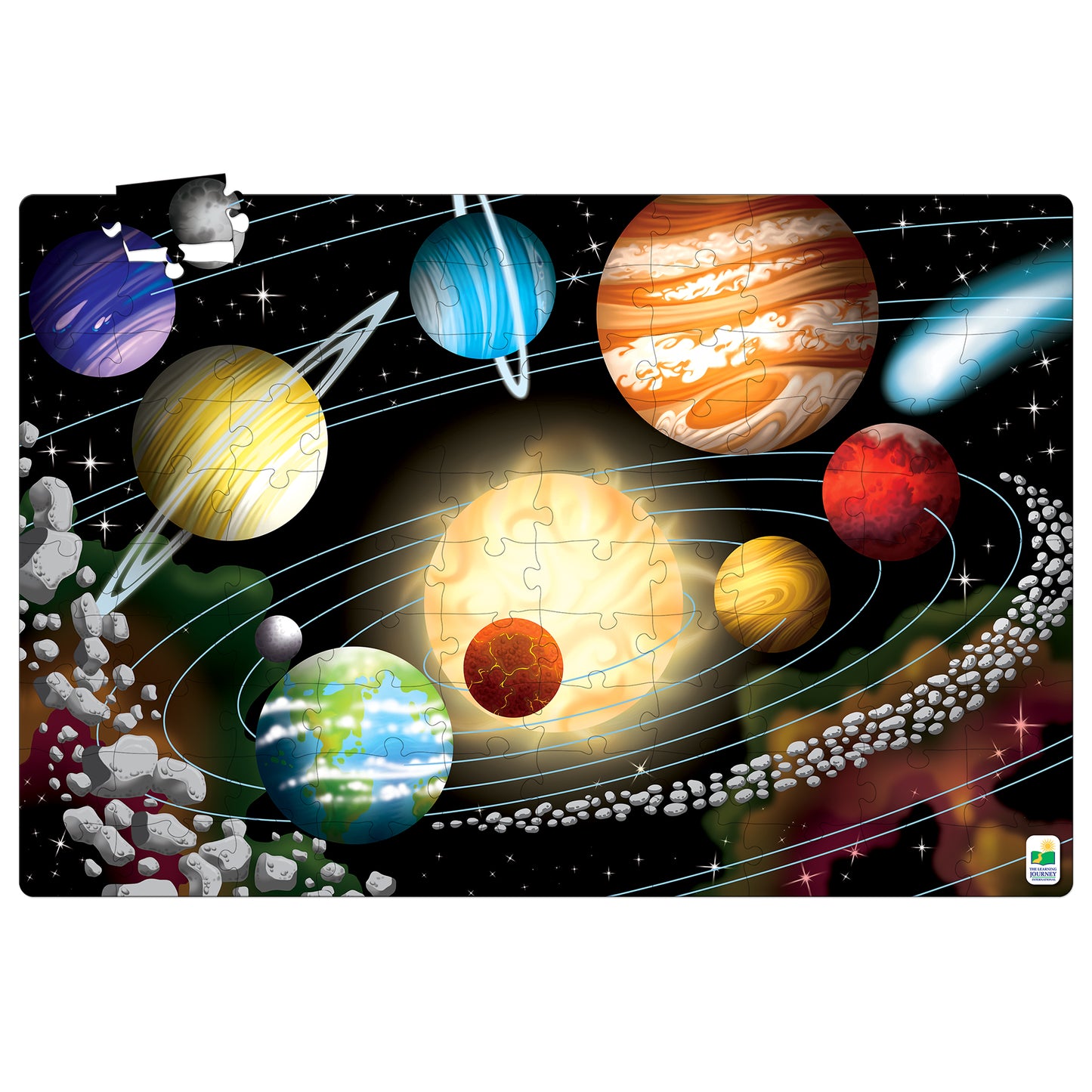 Space Puzzle Doubles 100-Piece Glow-In-The-Dark Solar System Puzzle featuring colorful planets and sun