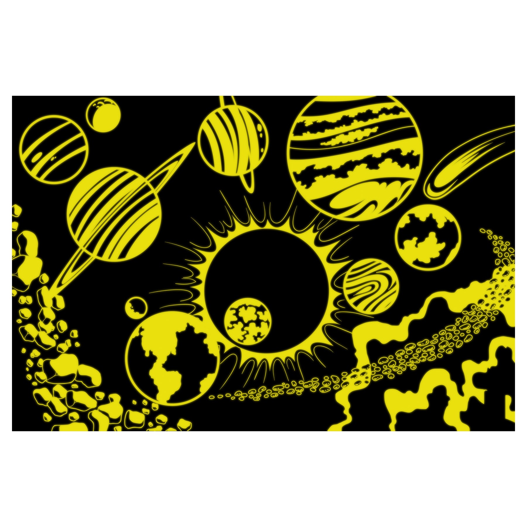 Space Puzzle Doubles 100-piece glow-in-the-dark solar system puzzle with yellow planets and sun on black background