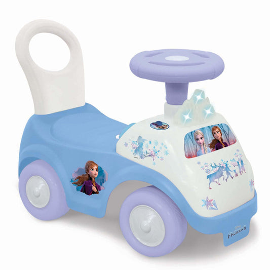 Disney Frozen 2 ride-on toy with blue and purple body, white steering wheel, and character graphics on the side