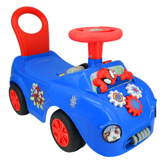 Kiddieland Spidey Web Racer blue and red ride-on toy with lights and sounds