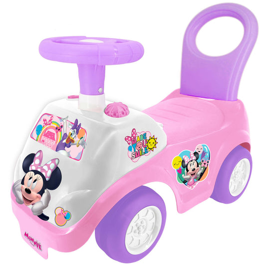 Minnie Mouse Lights 'N' Sounds ride-on toy with pink and white body, purple wheels and handles, featuring Minnie Mouse graphics and character stickers