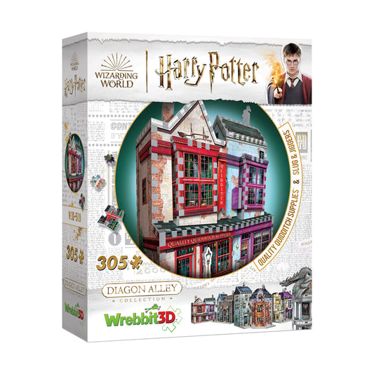 Wrebbit 3D puzzle box featuring Harry Potter Diagon Alley Collection Quality Quidditch Supplies & Slug & Jiggers building set with 305 pieces, showing red and p