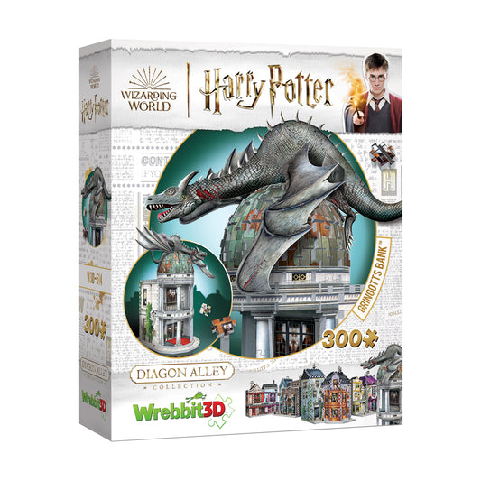 Wrebbit 3D puzzle box featuring Harry Potter Dragon Alley Gringotts Bank set with 300 pieces, showing a gray dragon perched atop a white stone building and a ci