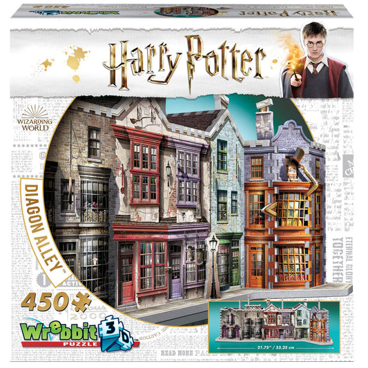 Wrebbit 3D puzzle box featuring Harry Potter Diagon Alley building set with 450 pieces, showing colorful wizarding storefronts including Ollivanders wand shop a
