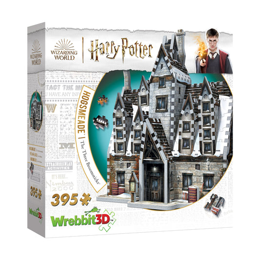 Wrebbit 3D puzzle box featuring Harry Potter's The Three Broomsticks building, 395 pieces, with assembled castle structure and character imagery displayed on pa