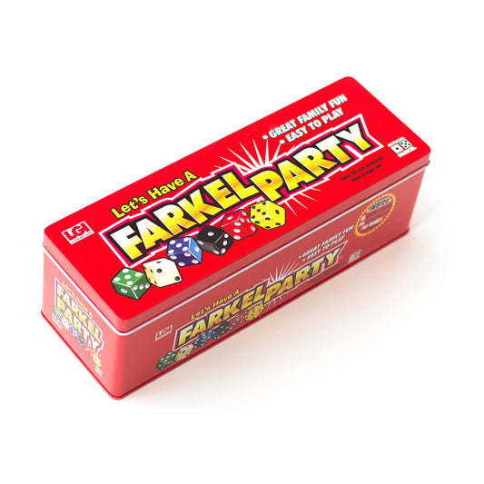 Farkle Party Game Tin Edition red box with dice graphics and yellow text on plain background