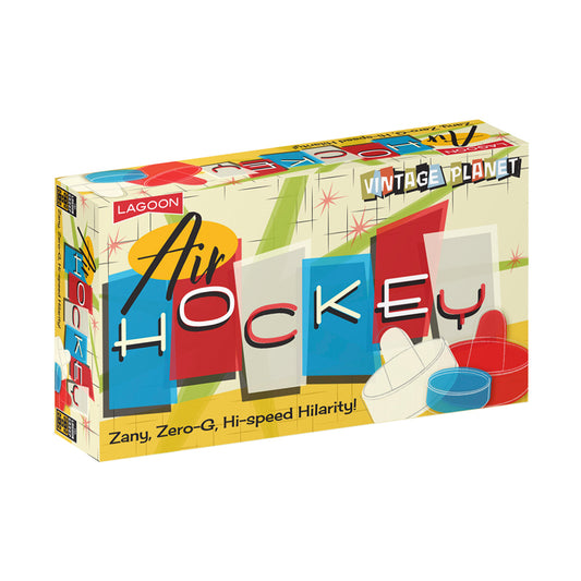 Lagoon Group Vintage Planet Air Hockey tabletop game box with retro 1950s-style graphics, colorful geometric design, and red and blue air hockey elements on cre