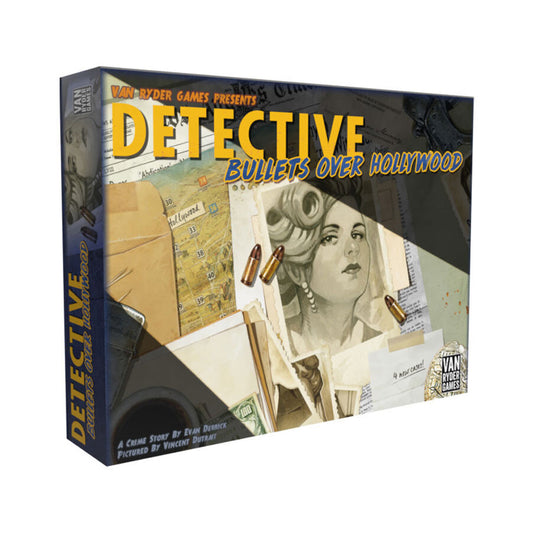 Detective: Bullets Over Hollywood board game box by Van Ryder Games, featuring vintage Hollywood-style noir imagery with a woman's portrait, map, and bullet ill