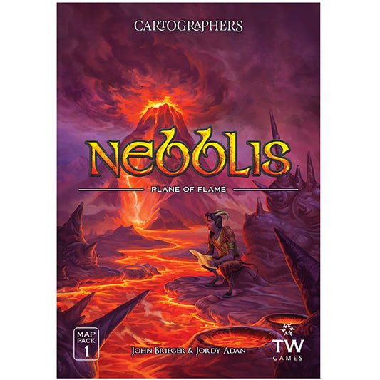 Cartographers Heroes Nebblis Plane of Flame board game box cover featuring volcanic landscape with lava flows and character figure