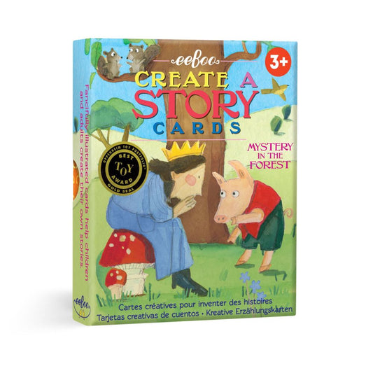 eeBoo Create a Story Cards box featuring forest characters including a woman in blue and a pig, with award seal and age 3+ indicator