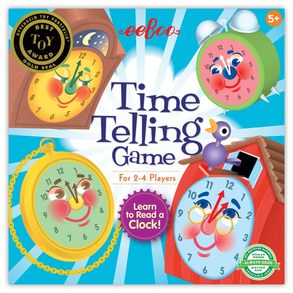 eeBoo Time Telling Game box showing four colorful clock faces with smiling characters and text 'Learn to Read a Clock' for ages 5+