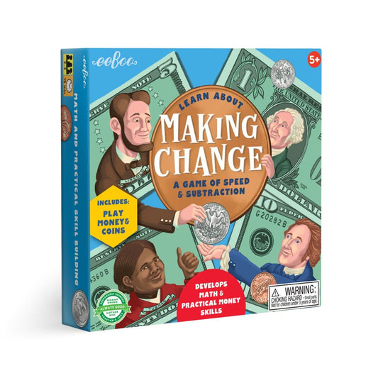 eeBoo Learn About Making Change Game box showing illustrated portraits of historical figures with dollar bills and coins, labeled a game of speed & subtraction
