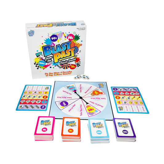Blast from the Past Decades Trivia Game board game with colorful box, spinner wheel, four card decks in pink, orange, blue, and purple, and game cards featuring