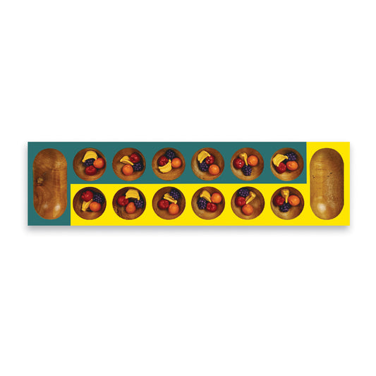 Kid-Cala Colorful Wooden Mancala Board Game showing teal and yellow board with wooden bowls containing red apples, orange fruits, and dark berries