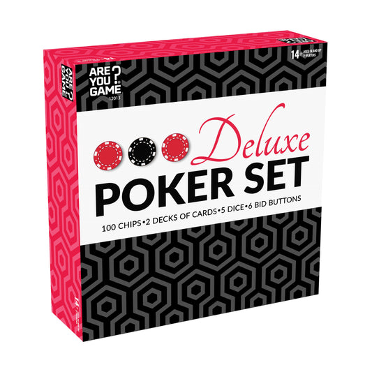 Deluxe Poker Set box with red and black hexagon pattern, showing 100 chips, 2 decks of cards, 5 dice, and 6 bid buttons
