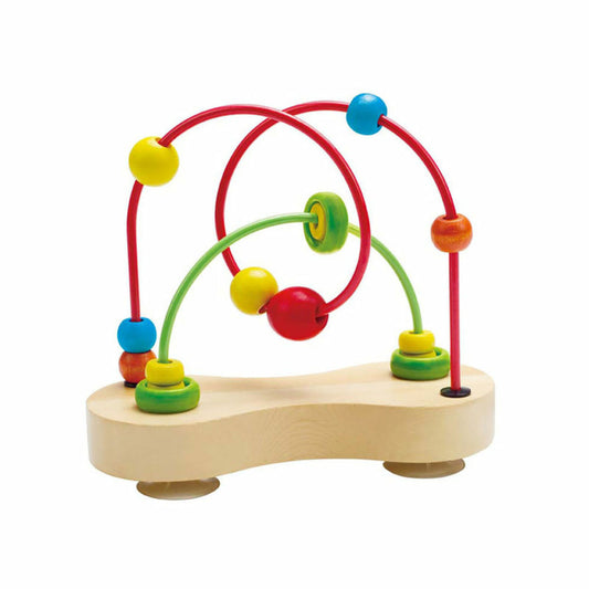 Wooden bead maze toy with two intertwined wire loops in red and green, strung with colorful beads in yellow, blue, red, and orange, mounted on natural wood base
