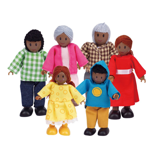Six wooden dolls with diverse skin tones and hair colors dressed in colorful outfits, arranged in a family grouping on a white background