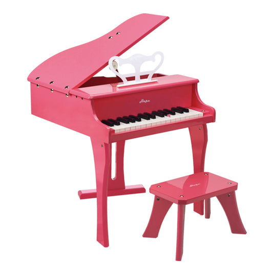 Pink wooden grand piano with lid open, white bench, and matching pink bench seat, on plain white background
