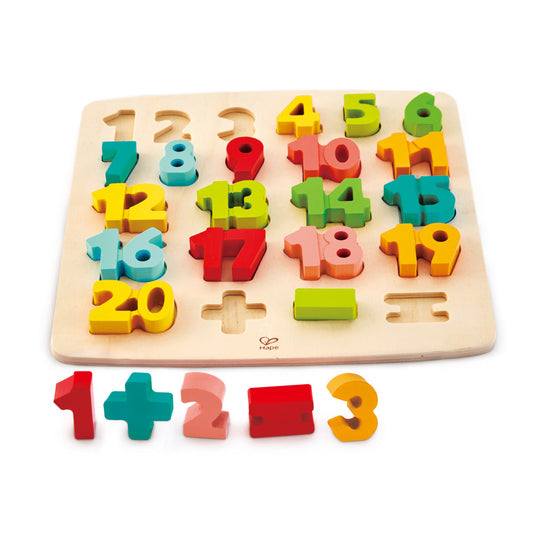 Wooden number puzzle board with colorful digit-shaped pieces from 1-20 in various colors, plus additional math symbol and shape pieces; loose pieces shown below