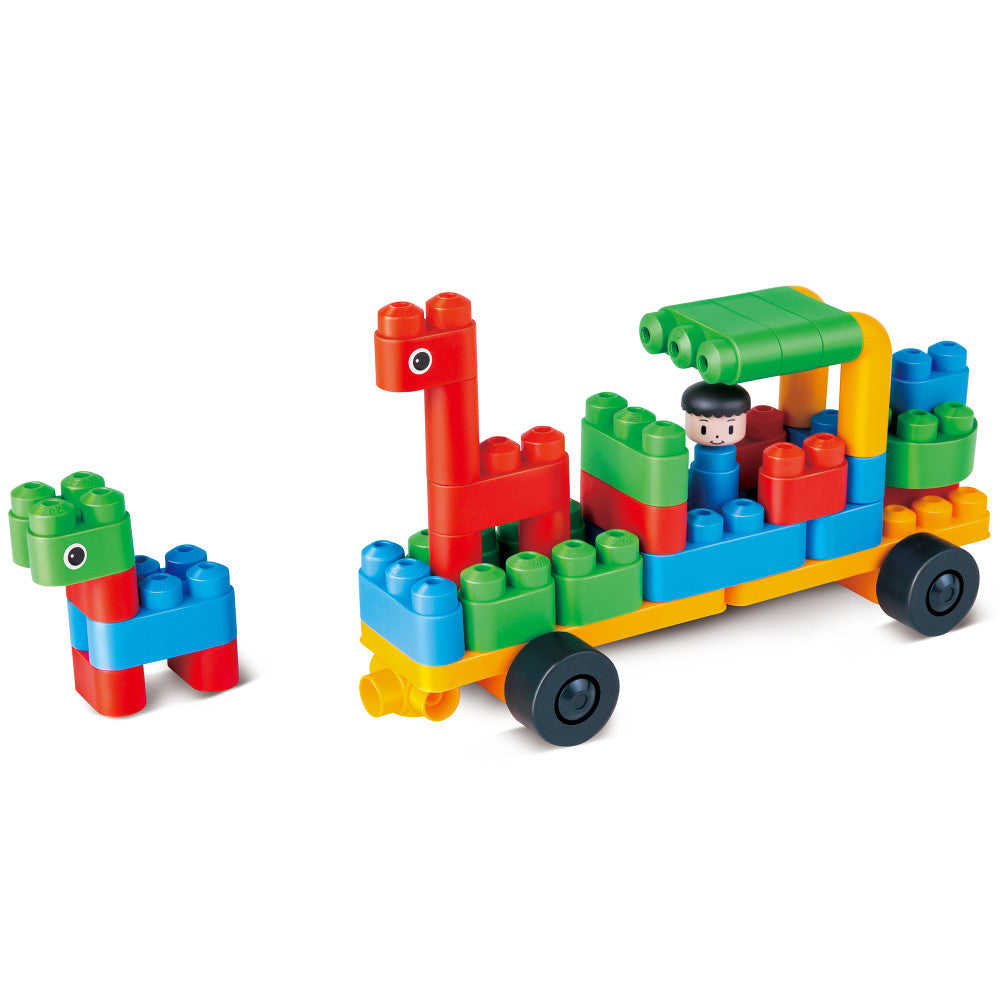 Hape: PolyM: Zoo Keeper 'n Cars Kit - 40pc Building Blocks Toy Set w/ Figurine