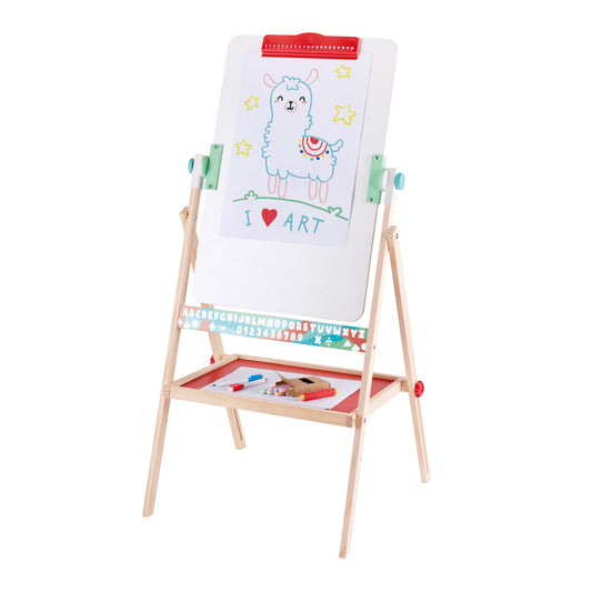 Double-sided wooden easel with whiteboard displaying llama drawing and chalkboard tray below holding markers and chalk