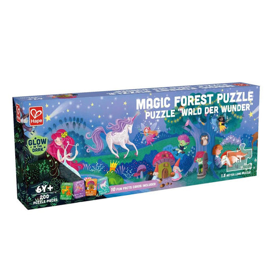 Hape Magic Forest Glow-In-The-Dark Floor Puzzle box showing a 200-piece enchanted forest scene with unicorn, fairy, mushroom house, and glowing elements, 1.5 me