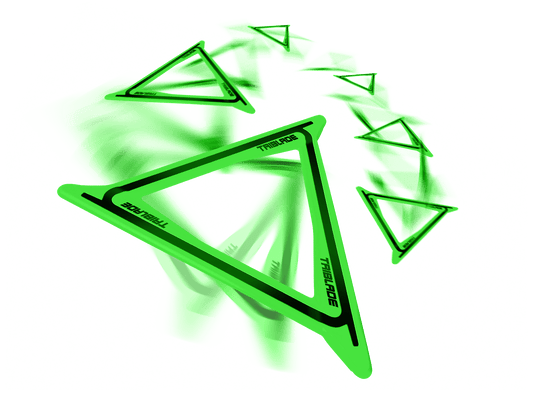 Goliath Sports Aeroflyt Triblade boomerang in neon green with black accents, shown with motion blur effect
