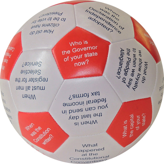 Red and white fabric ball with printed civics questions about U.S. government and the Constitution on alternating panels