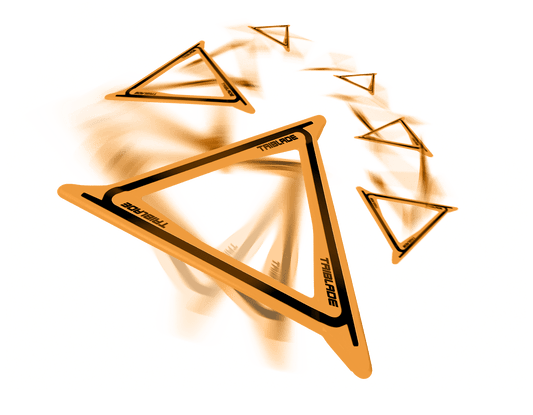 Goliath Sports Aeroflyt Triblade Boomerang in orange with black accents, shown with motion blur effect against white background