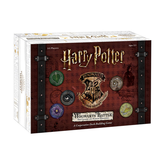 Harry Potter Hogwarts Battle: Charms and Potions Expansion board game box featuring dark red background with Hogwarts crest, spell tokens, and black leather-loo