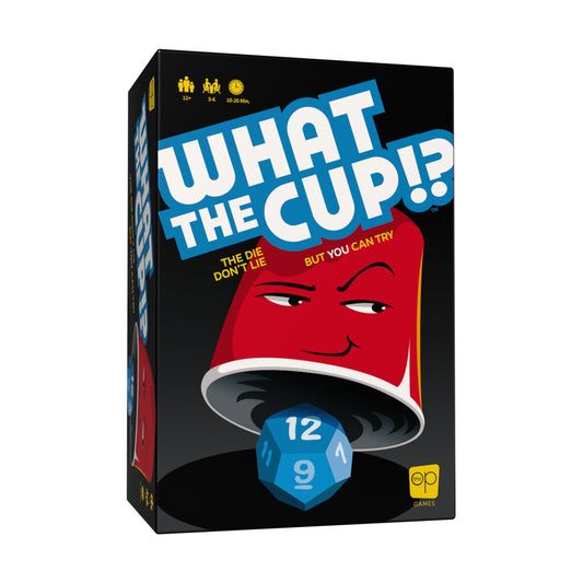 What The Cup!? board game box featuring a red cup with a face and blue die, with text reading "The die don't lie but you can try"