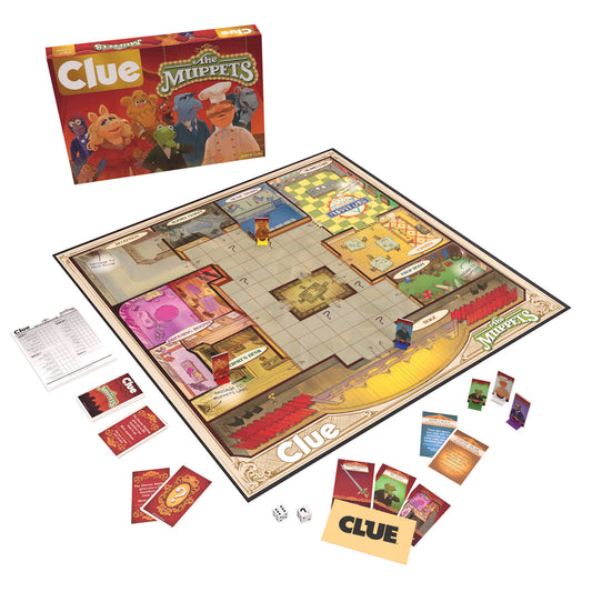 Clue The Muppets Edition board game with game board, cards, dice, and player pieces displayed