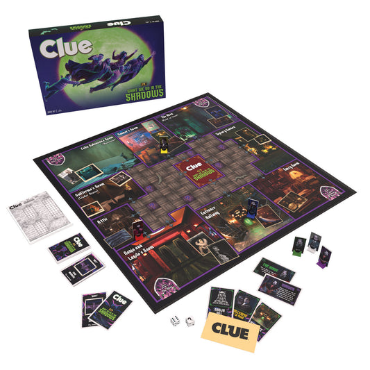 Clue: What We Do in the Shadows board game with purple-themed game board, cards, dice, and instruction manual
