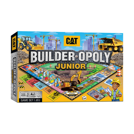 CAT Builder Opoly Junior board game box showing construction-themed game board with yellow heavy equipment, building site, and game pieces on plain background
