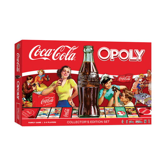 Coca-Cola Opoly Collector's Edition board game box featuring vintage Coca-Cola advertising imagery, a large Coca-Cola bottle, and game board visible on red pack