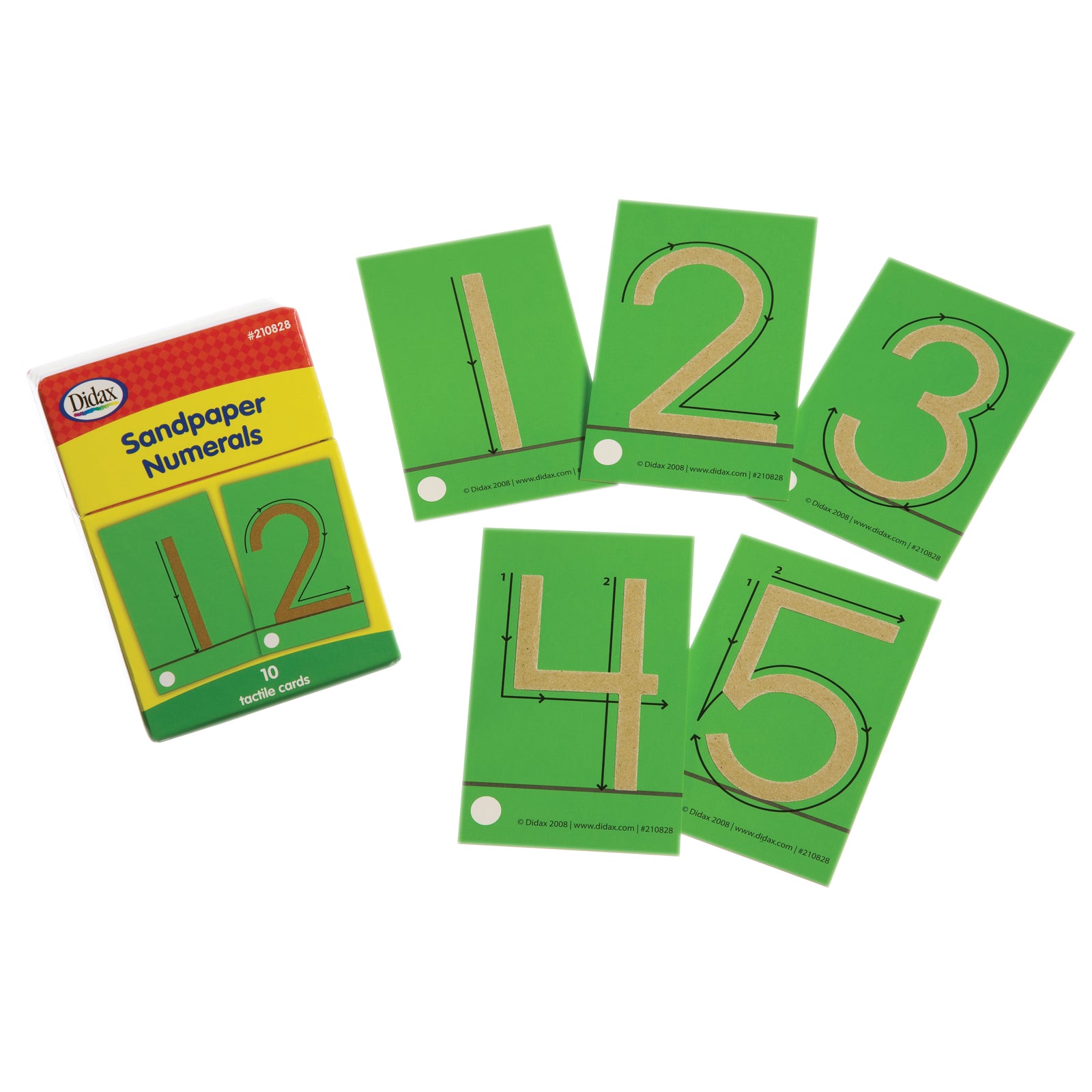 Didax Sandpaper Numerals tactile cards set with green cards showing numbers 1-5 in textured beige material