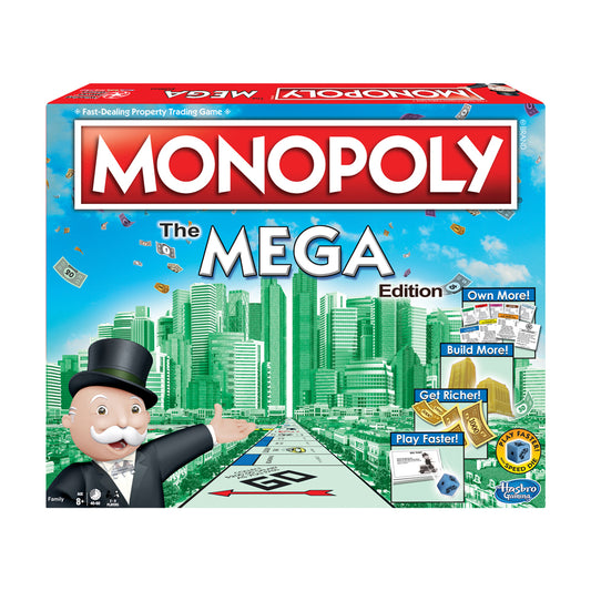 Monopoly The Mega Edition board game box featuring the classic Mr. Monopoly character in a top hat, with a green cityscape and game components displayed on the
