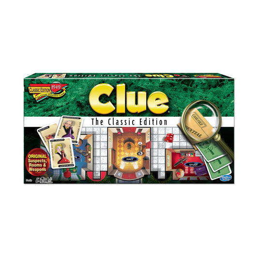 Clue Classic Edition board game box featuring yellow logo, green textured background, game board with hall layout, suspect cards, magnifying glass, dice, and we