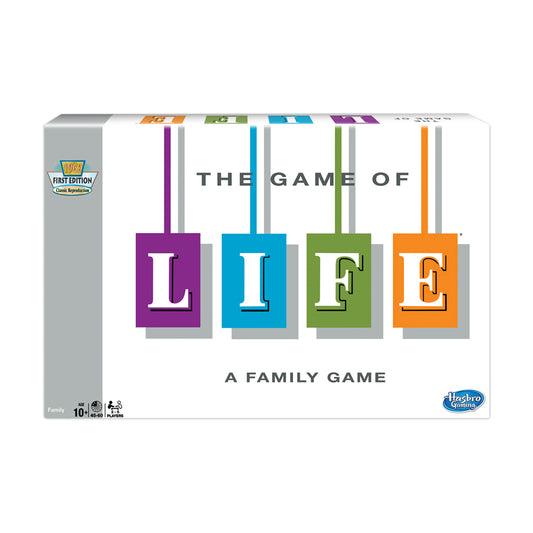 The Game of LIFE Classic Edition board game box featuring colorful letter tiles spelling LIFE with 1959 First Edition badge
