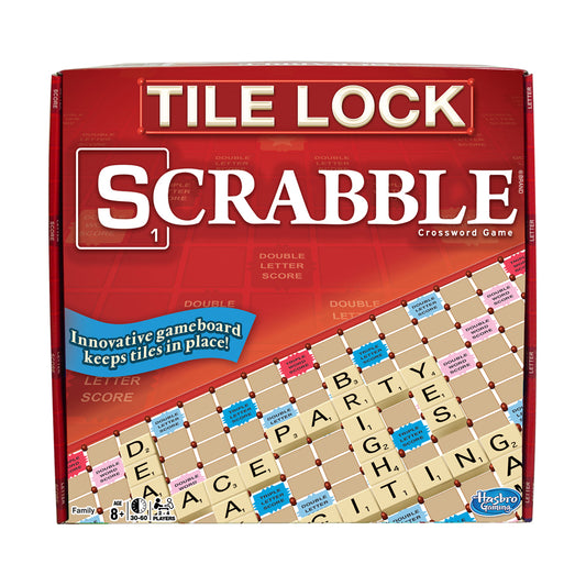 Tile Lock Scrabble Crossword Game box showing red packaging with gameboard display featuring letter tiles and score squares