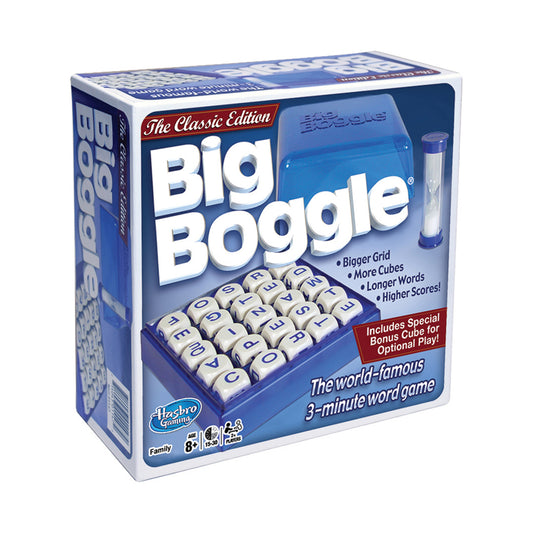 Big Boggle Classic Edition word game box showing blue letter cubes in tray and blue timer, Hasbro Gaming